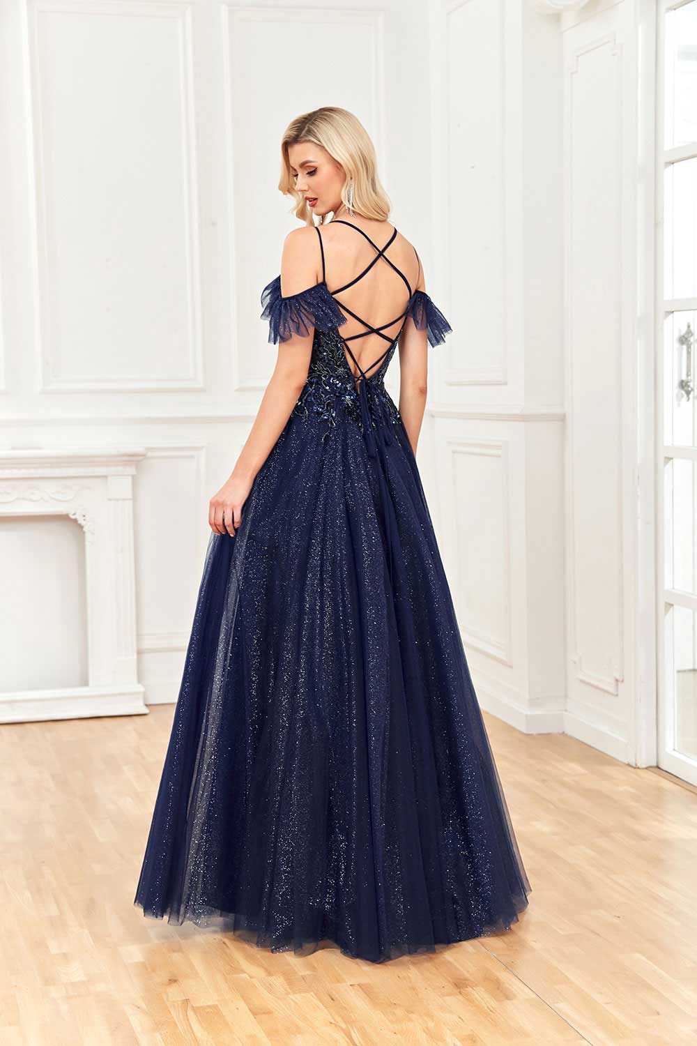 Wholesale Sparkle A Line Off Shoulder Tulle Appliques Beaded Ruffles Prom Dresses